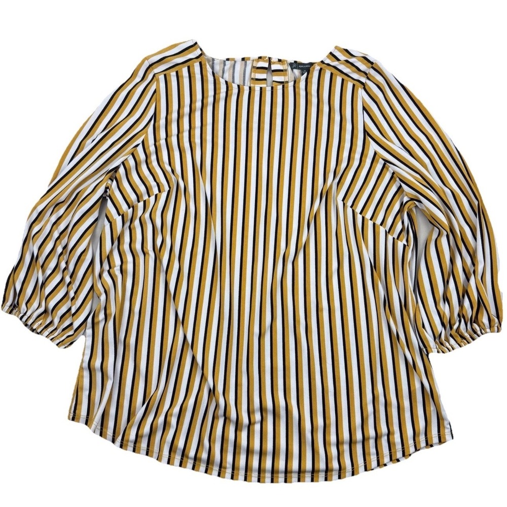 Adrianna Papell Blouse Womens 1X Mustard Yellow Vertical Stripe 3/4 Sleeve Top